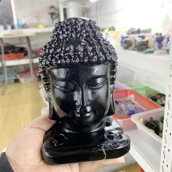Dabas Black Obsidian Budas Galvas Kristāla Statuetes Griešanai Budisms Mājas Apdare Dziedināšanas Gudrot Reiki Feng Shui 1gb